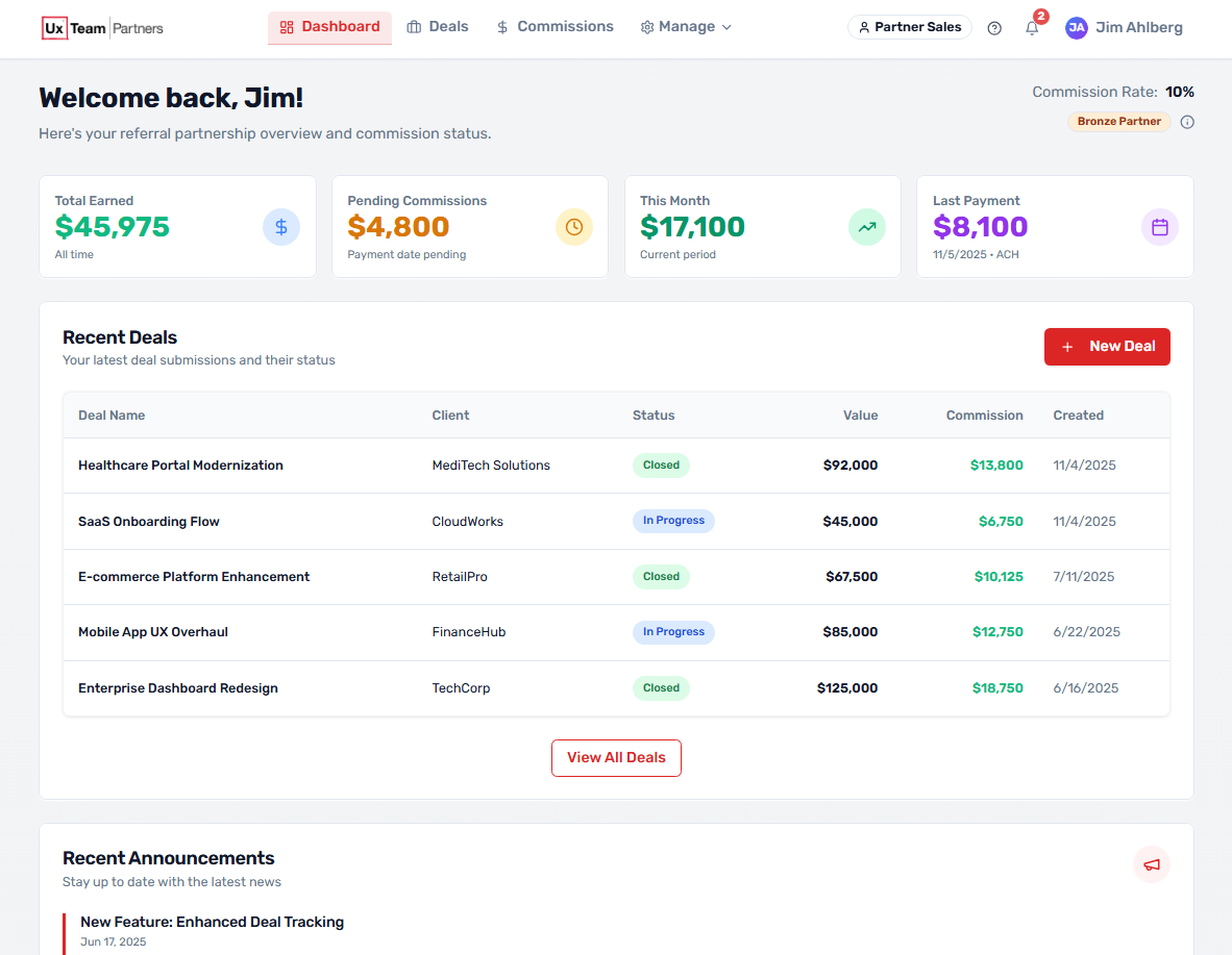 Partner Portal Dashboard showing deal tracking and commission details